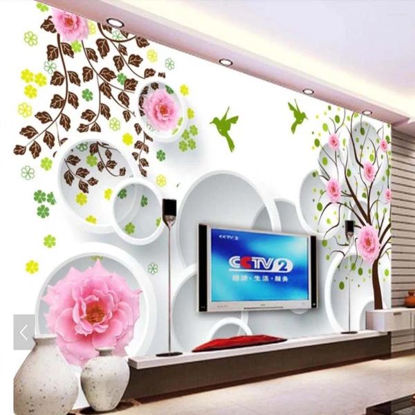 Fondos de pantalla Flower Mural de pared rosa para sala de estar dormitorio Rose Fondo de pantalla pintura Árbol de aves Mejora del hogar Papier Peint 3d personalizado
