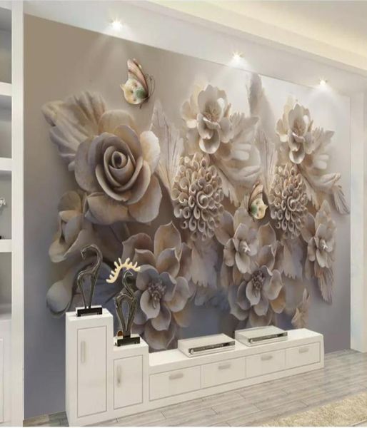 Fonds d'écran pour salon beau relief tridimensionnel 3D fleur papillon TV fond wall4507358