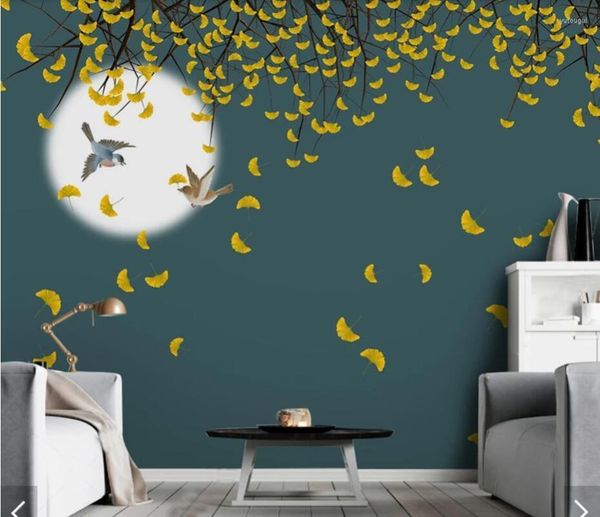 Fondos de pantalla Ginkgo Leaves Tree Wallpaper Mural Sala de estar Niños Dormitorio Papeles de pared Rollo Decoración Murales Calcomanías Papel 3d