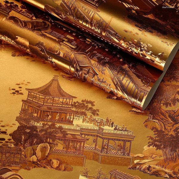 Fondos de pantalla Golden 3D Qingming Riverside Wallpaper para TV Fondo Restaurante El Box Retro Chino Gold Foil Decoración para el hogar