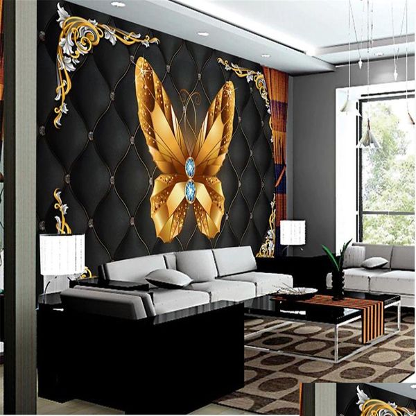 Fonds d'écran Golden Butterfly Bijoux 3D Fond Murales Papier peint pour salon Drop Livraison Maison Jardin DHSRD