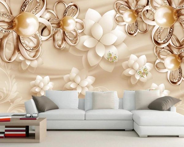 Fonds d'écran Golden Pearl Fleur Bijoux De Luxe 3D Papier peint Mural Papel De Parede Salon TV Canapé Mur Chambre Papiers Décor À La Maison