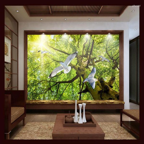 Fonds d'écran vert paysage grand arbre 3d papier peint salon amélioration de l'habitat moderne fond peinture murale murale papier de soie
