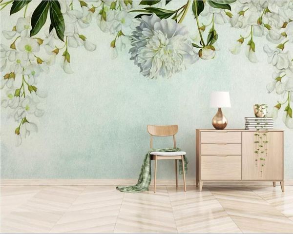 Papeles pintados hoja verde de lienzo puro y fresco dibujado a mano solo hermosa flor tipo europeo pared de ajuste de sala de estar