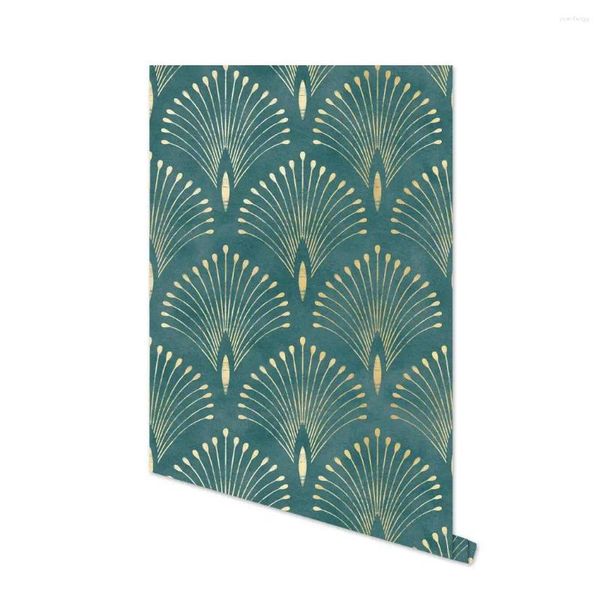 Fondos de pantalla Green Peel Stick Papel tapiz geométrico Pluma de pavo real Art Deco Papel de contacto extraíble para gabinete de pared Prepegado