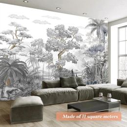 Wallpapers grijs en witte kunst schilderen schilderen dennen tropische jungle boom blad contact behang huis renovatie muur decor muurschildering woonkamer studie