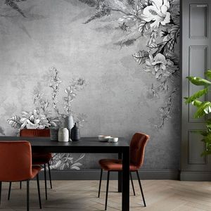 Fonds d'écran HAN CHENG Personnaliser Papier Peint Gris Blanc Feuilles Plantes Fleurs Design Moderne Floral Peintures Murales Papier