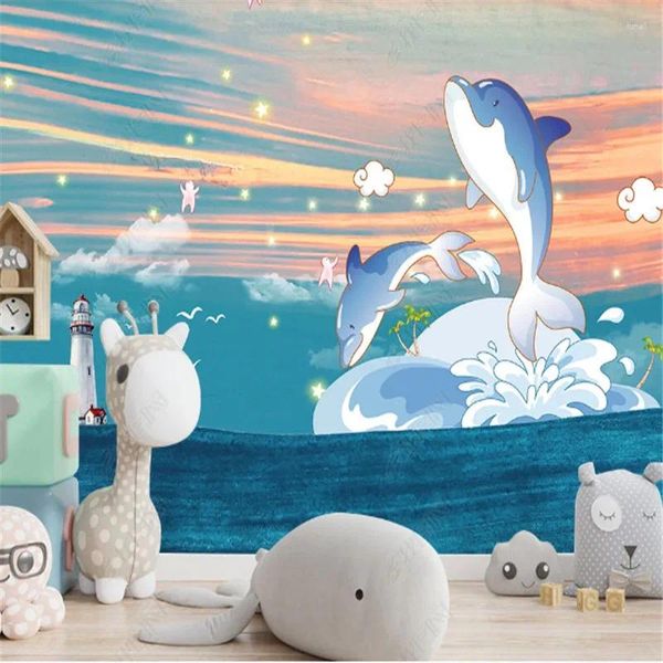Fondos de pantalla Papel tapiz de dibujos animados dibujados a mano para la habitación de los niños Mundo submarino Delfín Fondo para niños Papeles de pared Decoración del hogar Murales