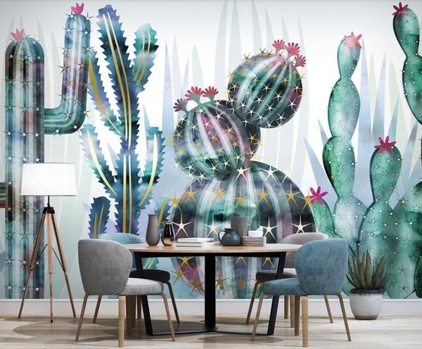 Fondos de pantalla Pintado a mano Papel tapiz de flores de cactus Papel de pared 3d Dormitorio Contacto Cactus Floral Azul PO Mural