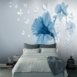 Fonds d'écran peint à la main Jane papier bleu esthétique fleur art fond d'écran mur tissu chambre peinture sans couture personnalisé