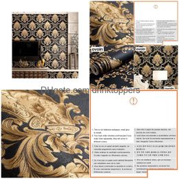 Behang Hoge kwaliteit Zwart Goud Luxe Reliëf Textuur Metaal 3D Brokaat Behang Gebruikt Voor Muur Rollen Wasbaar Vinyl Pvc Drop Dhbor