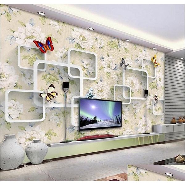 Fonds d'écran Haute qualité Personnaliser Taille Moderne Rétro Floral Papillon 3D TV Mur Papier Peint Pour Murs 3 D Salon Drop Livraison Ho Dhugb
