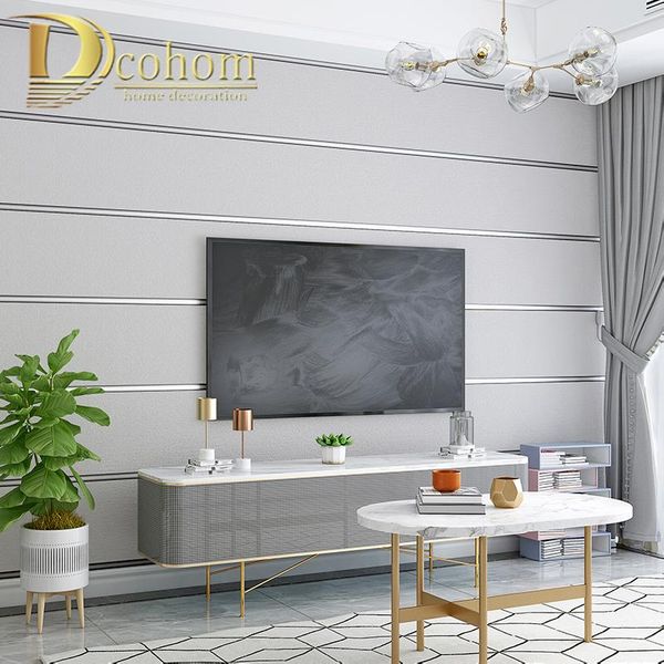 Papel tapiz de alta calidad con textura moderna, papel tapiz a rayas 3D flocado para sala de estar, sofá, paredes de TV, decoración del hogar, rollos de papel de pared gris plateado