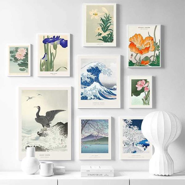 Fonds d'écran Hokusai Ohara Koson Vague japonaise Résumé Toile Mur d'art Mur Scandinave Affiche salon Home Decoration J240510