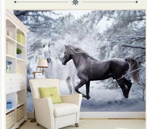Fonds d'écran Mur de décoration à la maison 3d papier peint neige Horse Black and White Artistic Background Po