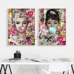 Fonds d'écran ic Beauté Monroe Et Hepburn Bulle Graffiti Mur Art Impressions Toile Peinture Affiche Cuadros Pour Salon Décoration de La Maison J230704