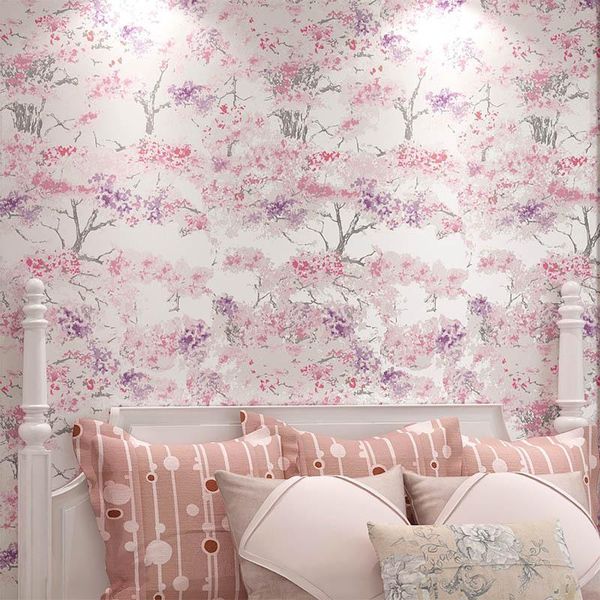 Papel pintado coreano impreso Rosa cereza papel pintado tienda de ropa dormitorio pared papel rollo japonés Floral jardín para boda casa