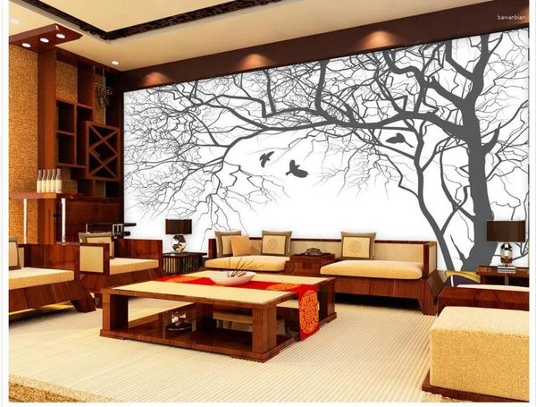 Fonds d'écran Salon TV Toile de fond Chambre 3D Po Papier peint abstrait noir et blanc arbre mural décoration de la maison