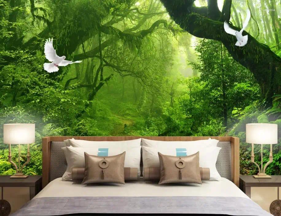 Tapeten Wohnzimmer Tapete 3D-Gemälde Grüner Wald Großer Baum TV-Hintergrundwand Benutzerdefinierte Wandgemälde jeder Größe