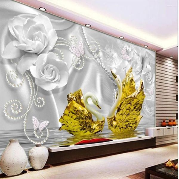 Fonds d'écran de luxe 3D Swan Fleur de soie Modèle d'eau Bijoux TV Fond Mur Papier peint moderne pour salon