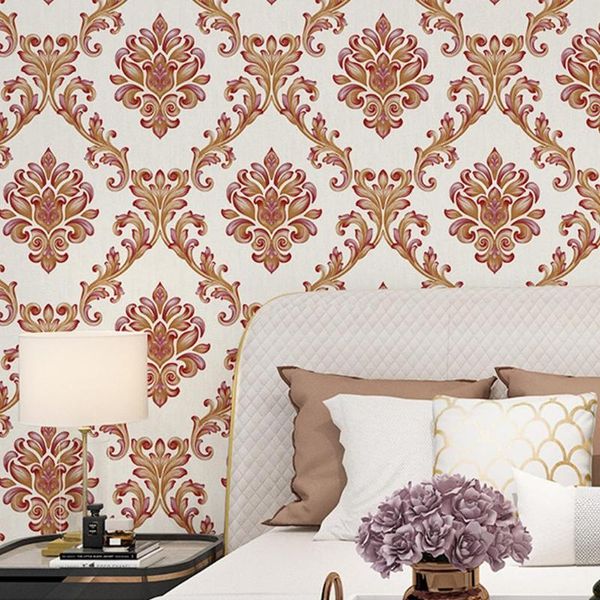 Fondos de pantalla Lujo Textura en relieve Metálico 3D Damasco Papel tapiz para sala de estar Cama Rollo de pared PVC Papel floral de parede
