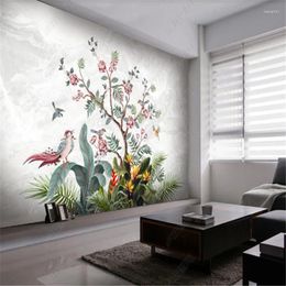 Fonds d'écran Médiéval Fleurs et oiseaux peints à la main Papier peint mural pour salon Tropical Rainforest TV Fond Papier peint Décor à la maison