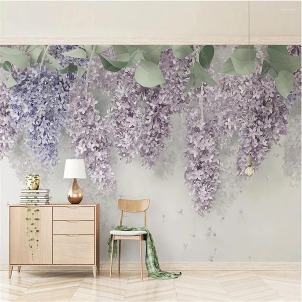 Fonds d'écran milofi beaux lilas wisteria fleur 3d stéréo salle de mariage fond de chambre mur grand murale
