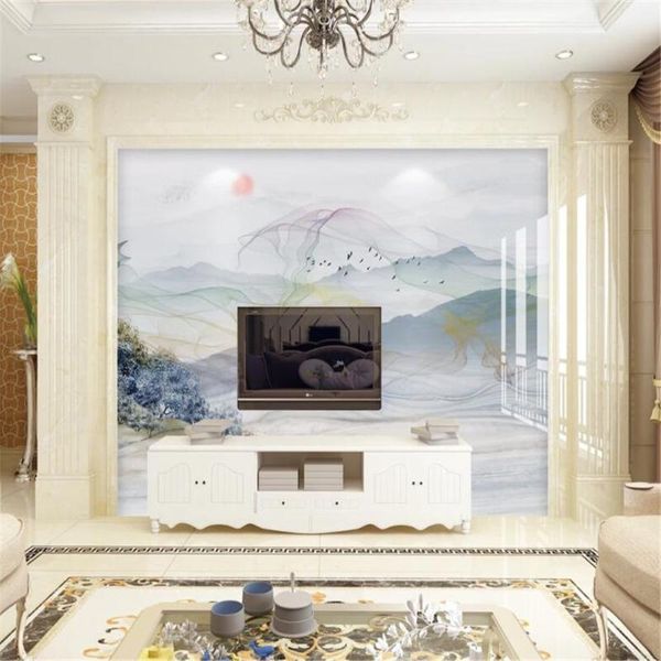 Fonds d'écran Milofi personnalisé 3D marbré noir et blanc gris conception artistique encre paysage TV fond papier peint mural