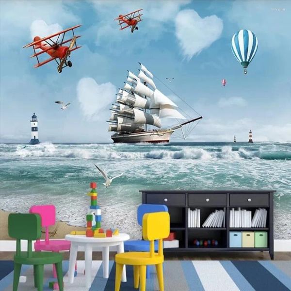 Fonds d'écran Milofi personnalisé 3D dessin animé nordique ballon à air avion à voile grand fond TV papier peint mural