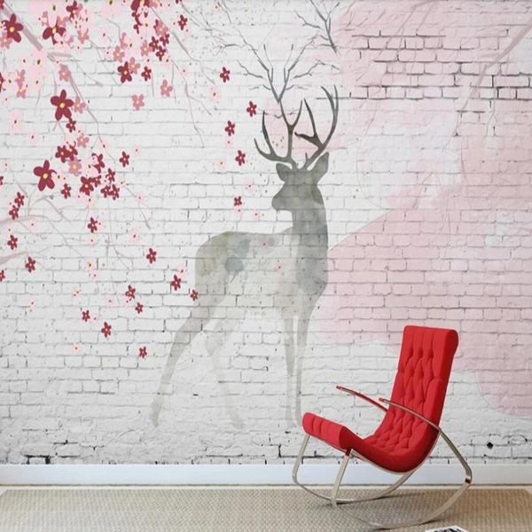 Fondos de pantalla MILOFI Custom Fondos de pantalla 3D Mural moderno Malimalista Muro de ladrillo Elk pintada a mano decoración de fondo de ciruela
