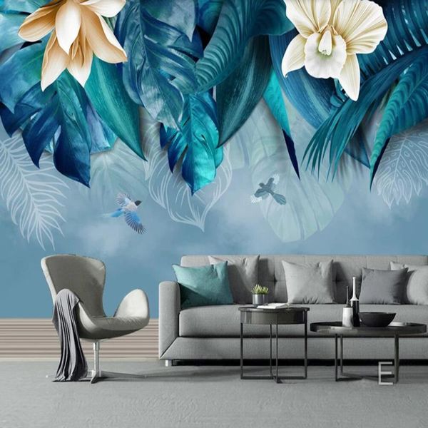 Milofi personnalisé grand papier peint 3D Mural nordique peint à la main plantes tropicales fleurs fond décoration murale
