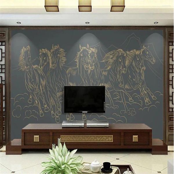 Fonds d'écran MIlofi Golden Relief Ligne Huit Cheval Figure Lumière Luxe TV Fond Décoration Murale Peinture Papier Peint