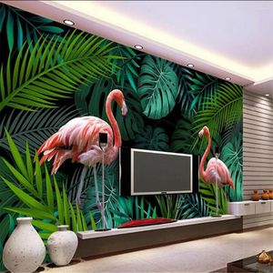 Fondos de pantalla Milofi pintado a mano Tropical Rain Forest Flamingo Fondo Muro Fondo de pantalla mural grande