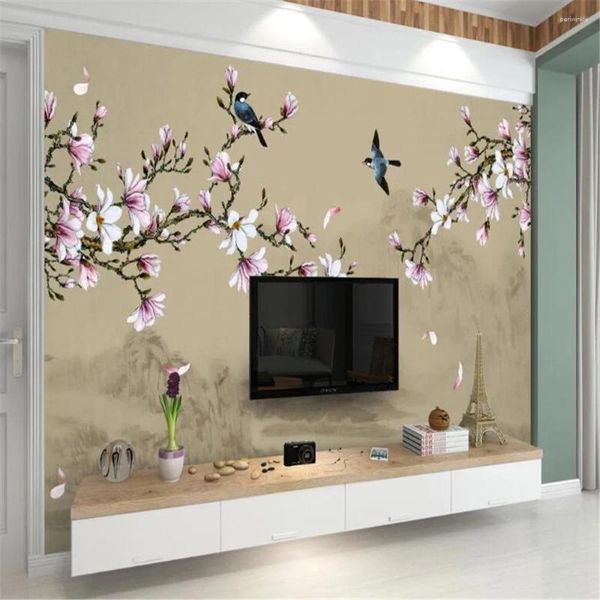 Fonds d'écran Milofi Magnolia Broussin peint à la main Fleurs et oiseaux de style chinois Décoration murale