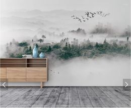 Fondos de pantalla Misty Forest Wallpaper Flying Birds Mural para sala de estar 3d Wall Murals Po Nature Foggy Pine Forests