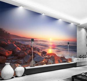 Fonds d'écran Moderne 3D Po Belle vue sur la mer Coucher de soleil Plage Pierre Fond Mur Salon Chambre TV Canapé Fresques Papier