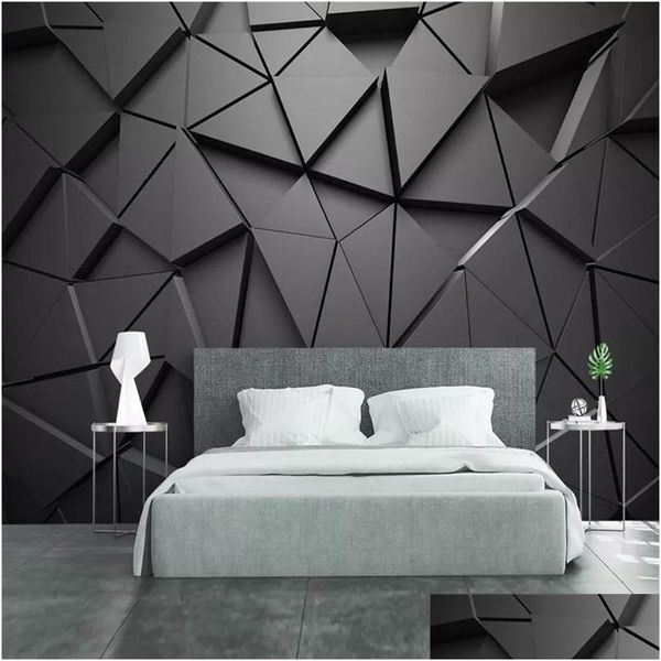 Fonds d'écran Moderne Créatif 3D Géométrique Abstrait Gris Triangle Grande Murale Papier Peint Salon TV Mur Décor À La Maison Tissu Fresque Dro Dhx9P