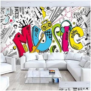 Fonds d'écran Moderne Musique Créative Thème Po Papier Peint 3D Graffiti Papier Peint Salon Ktv Enfants Chambre Toile De Fond Tissu Art Décor Dro Dhb5K