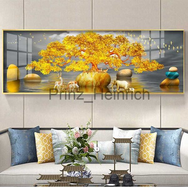 Fondos de pantalla Modern Elk Fortune Tree Paisaje dorado Pintura en lienzo Arte de la pared Carteles e impresiones para la sala de estar Dormitorio Decoración para el hogar Sin marco J230704