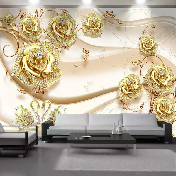 Fondos de pantalla Moderno Floral 3D Revestimiento de paredes Papel tapiz Hermoso Lago de los Cisnes Lujo Diamante Flor Papeles de pared Interior Decoración para el hogar Pintura Mural W