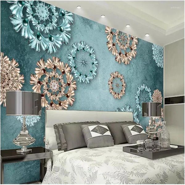 Fondos de pantalla Papel tapiz floral moderno Azul Rosa Oro 3D Flor en relieve Mural Papeles de pared Decoración del hogar Murales de decoración de lujo