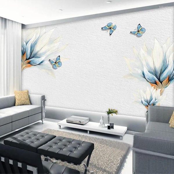 Fondos de pantalla Moderno Simple Flor Azul Mariposa Pintura al óleo Mural Wallpaper Sala de estar TV Sofá Fondo Pared Decoración para el hogar Papel de Parede