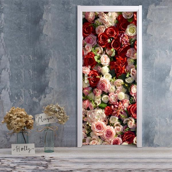 Papel tapiz moderno Simple rojo rosa flor papel tapiz puerta Mural PVC autoadhesivo impermeable sala de estar dormitorio pegatina 3D Papel Tapiz