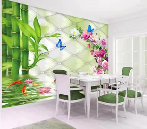 Wallpapers Modern Wallpaper for Living Room Fresh Green Rich Bamboo Peony Carp Soft Bag Achtergrond Wall