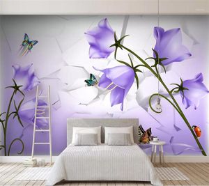 Fonds d'écran murale Papel de Parede 3d Fond d'écran personnalisé Beautiful Dreamy Purple Flower Butterfly TV Fond Wall Papier Peint BEBANG1