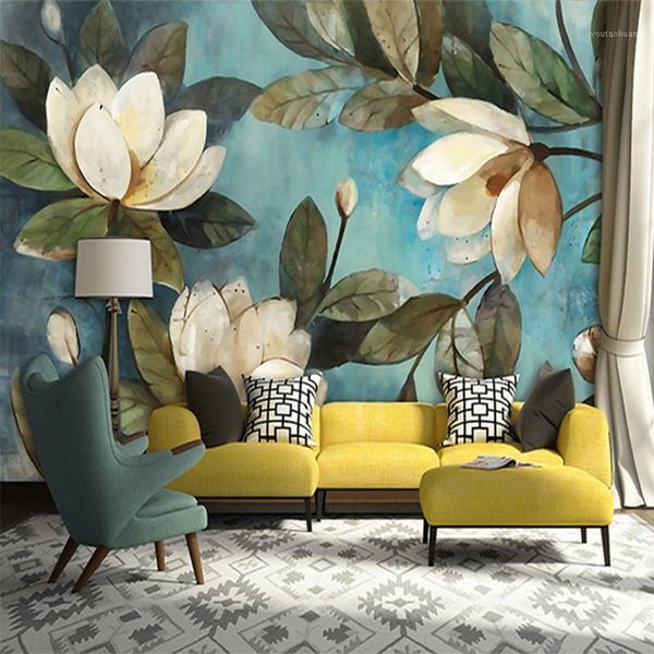 Fonds d'écran Mural Papier Peint 3D Blanc Lotus Rétro Peinture À L'huile Floral Pour Salon Murs Bleu Toile de Fond Papier Peint Décor À La Maison1