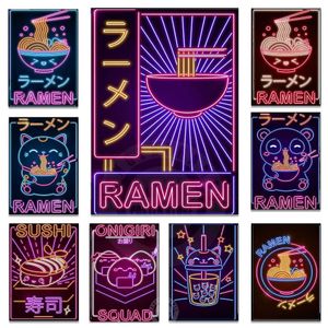 Fonds d'écran Neon Art Ramen Sushi Affiches Aliments japonais Dessin animé Mur Art Toile Peinture Photos Impressions Restaurant Cuisine Décoration de la maison J230224