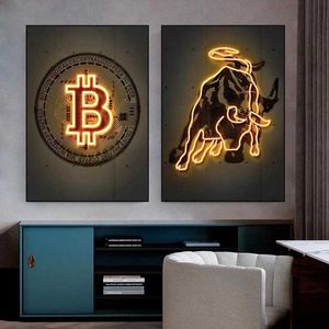 Wallpapers Neon Bitcoin Bull Crypto Gold Wall Art Canvas Schilderij Vee Poster en Print Foto Woondecoratie voor Woonkamer Decor J230516