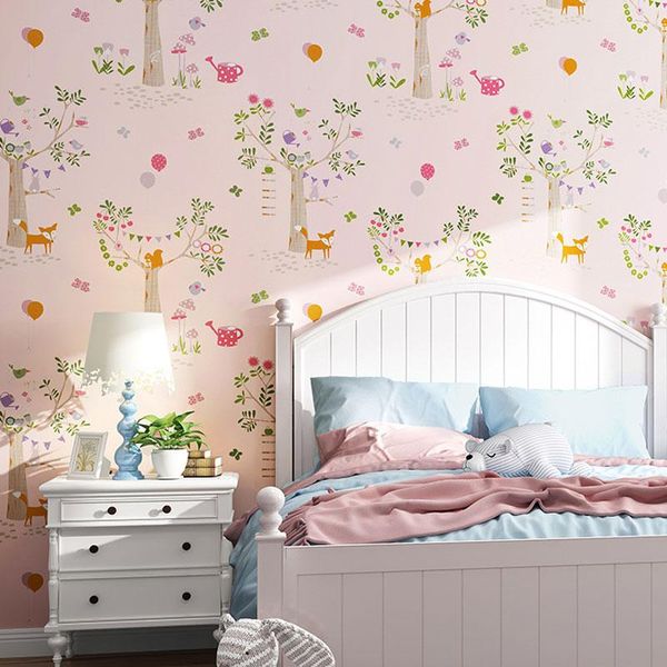 Papel tapiz de bosque nórdico para niños, rollo de dormitorio, no tejido, rosa, azul, árbol de dibujos animados, paredes de habitación para niños y niñas