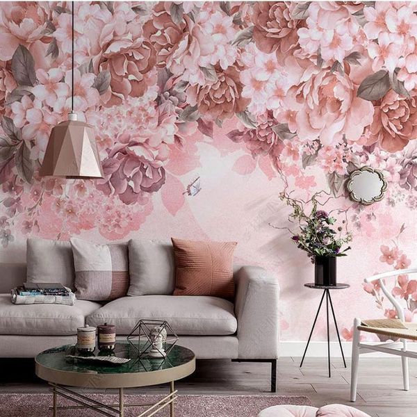 Fonds d'écran Nordique peint à la main rose fleur romantique fond de mer papier peint chambre salon décoration papier peint 3D mural décor à la maison